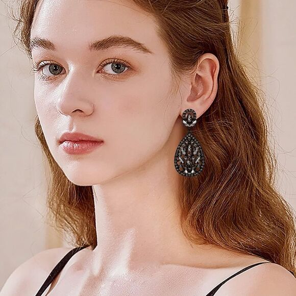 Carbon Black with Charcoal Gray Austrian Crystal Teardrop Chandelier Earrings - Picture 6 of 7